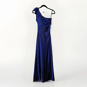 Vintage Let’s Blue Satin Prom Rhinestone One Shoulder  Gala Evening Maxi Dress